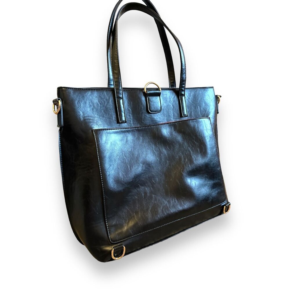 Ella Dane Women's Sleek Black Large Shiny Leather Classic Shoulder Tote Bag Mini - Picture 4 of 6